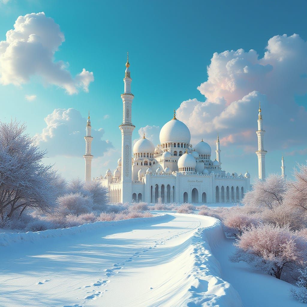 Snowy Qatari Cityscape in Vibrant Islamic Art Style