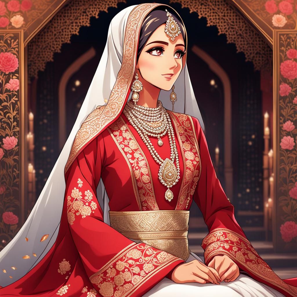 Hijabi Girl in Desi Wedding Dress, Anime Style