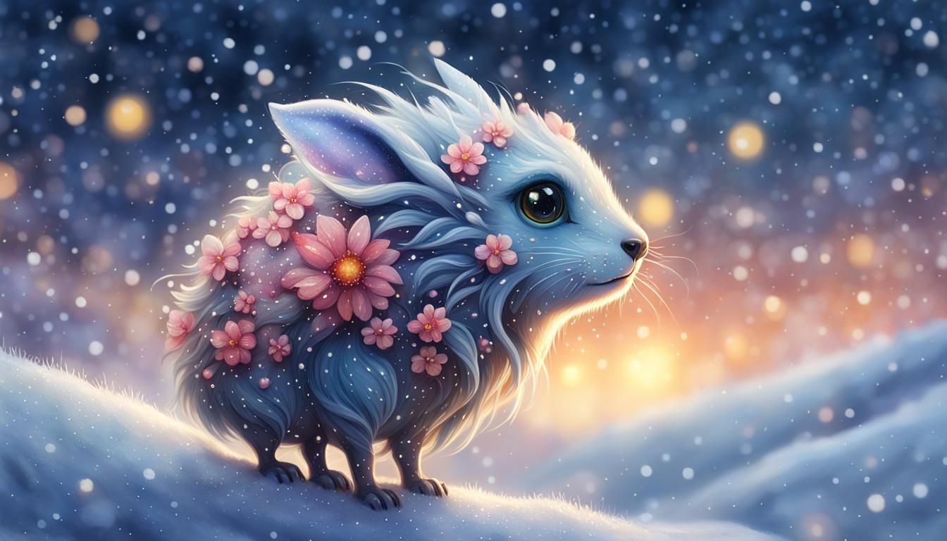 Tiny Flower Creature in Snowy Fantasy Landscape
