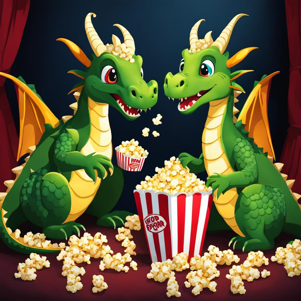 Dragons Enjoying Movie with Popcorn