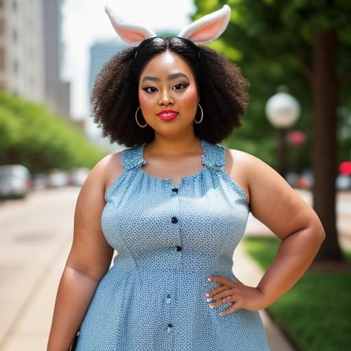 Curvy Woman in Summer Dress with Bunny Ears