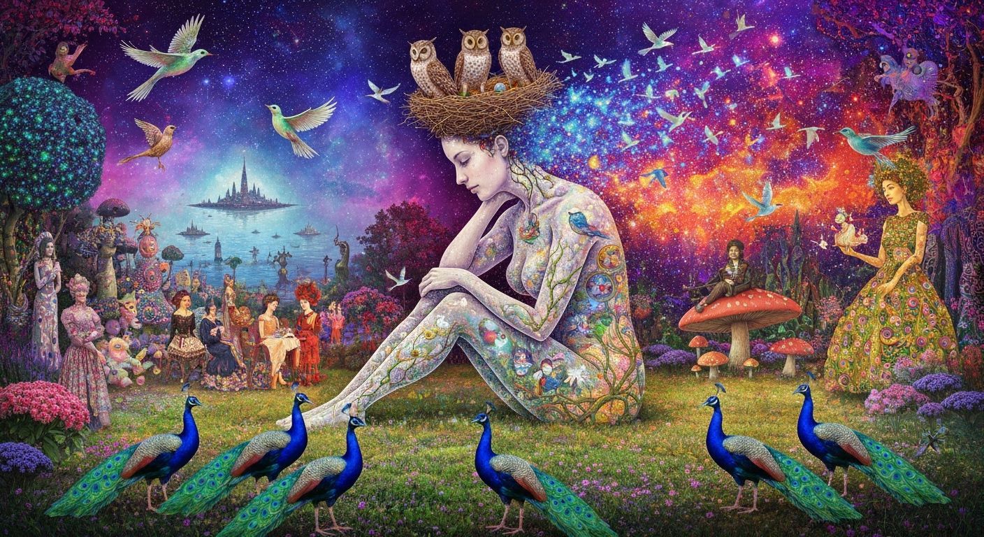 Ethereal Woman's Thoughts Bloom into Birds Amidst Cosmic Gar...