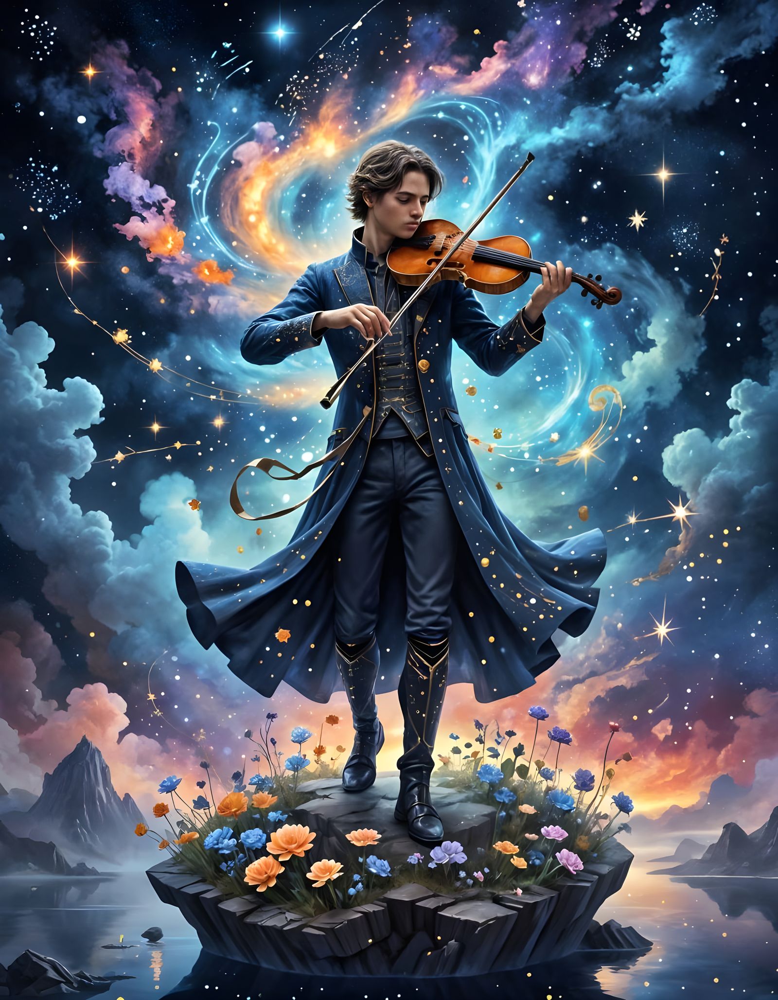 Celestial Violinist in Cosmic Dreamscape