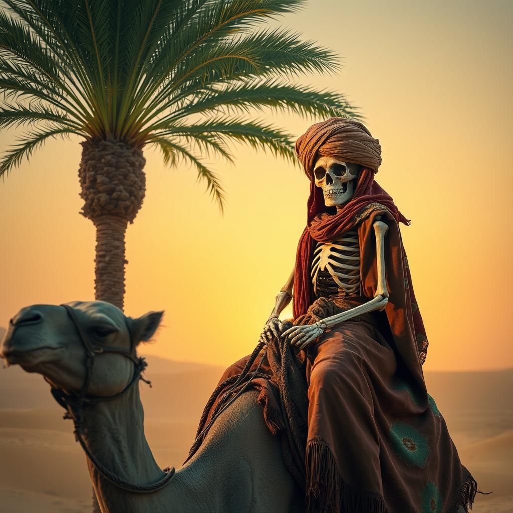 a skeleton riding a camel under a palm tree. Funny but emoti...