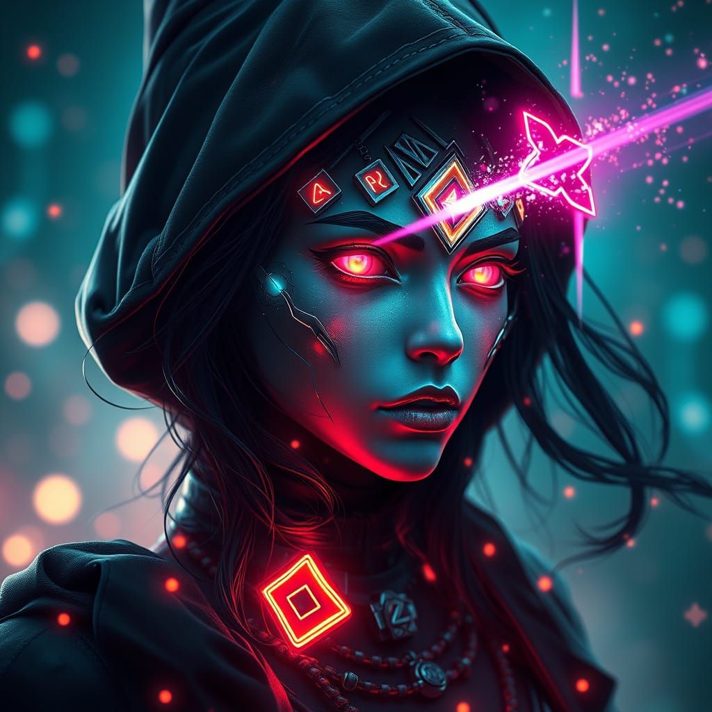 Cyber Witch Transcends Reality in Vibrant, Neon-Lit Fantasy