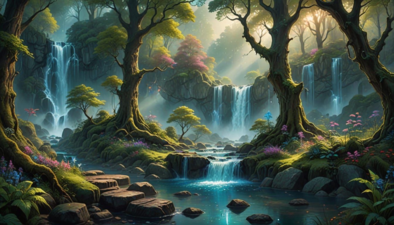 Ethereal Waterfalls in Enchanted Forest