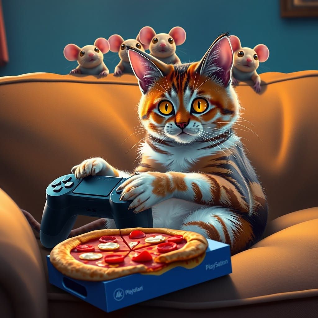 Curious Cat Immersed in Futuristic Gaming Session