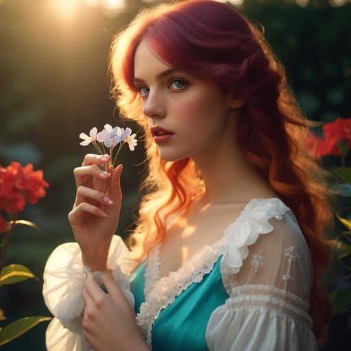 Woman in Garden: Pre-Raphaelite Sunset Portrait