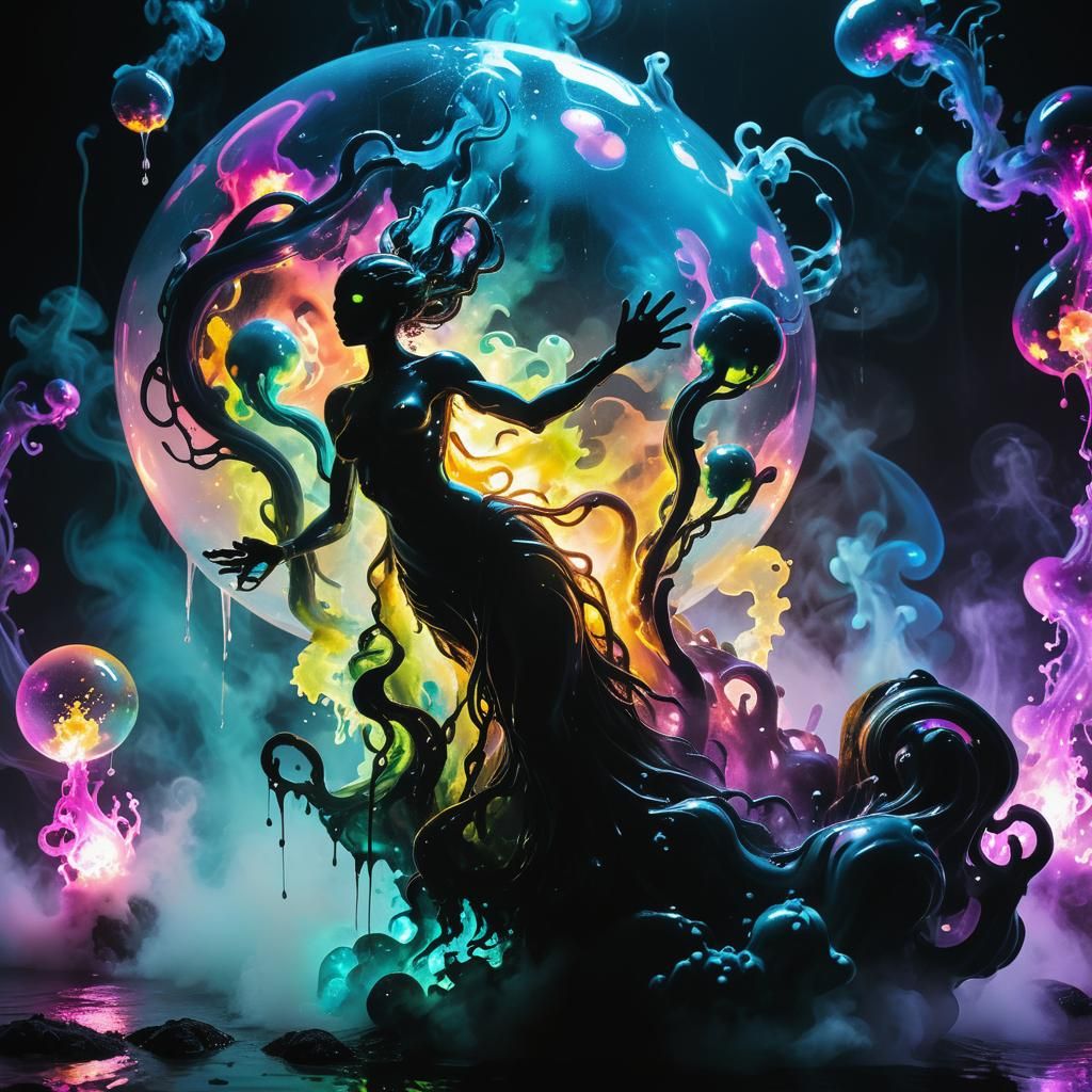 Liquid Water Elementals in Neon Ink Splatter Art