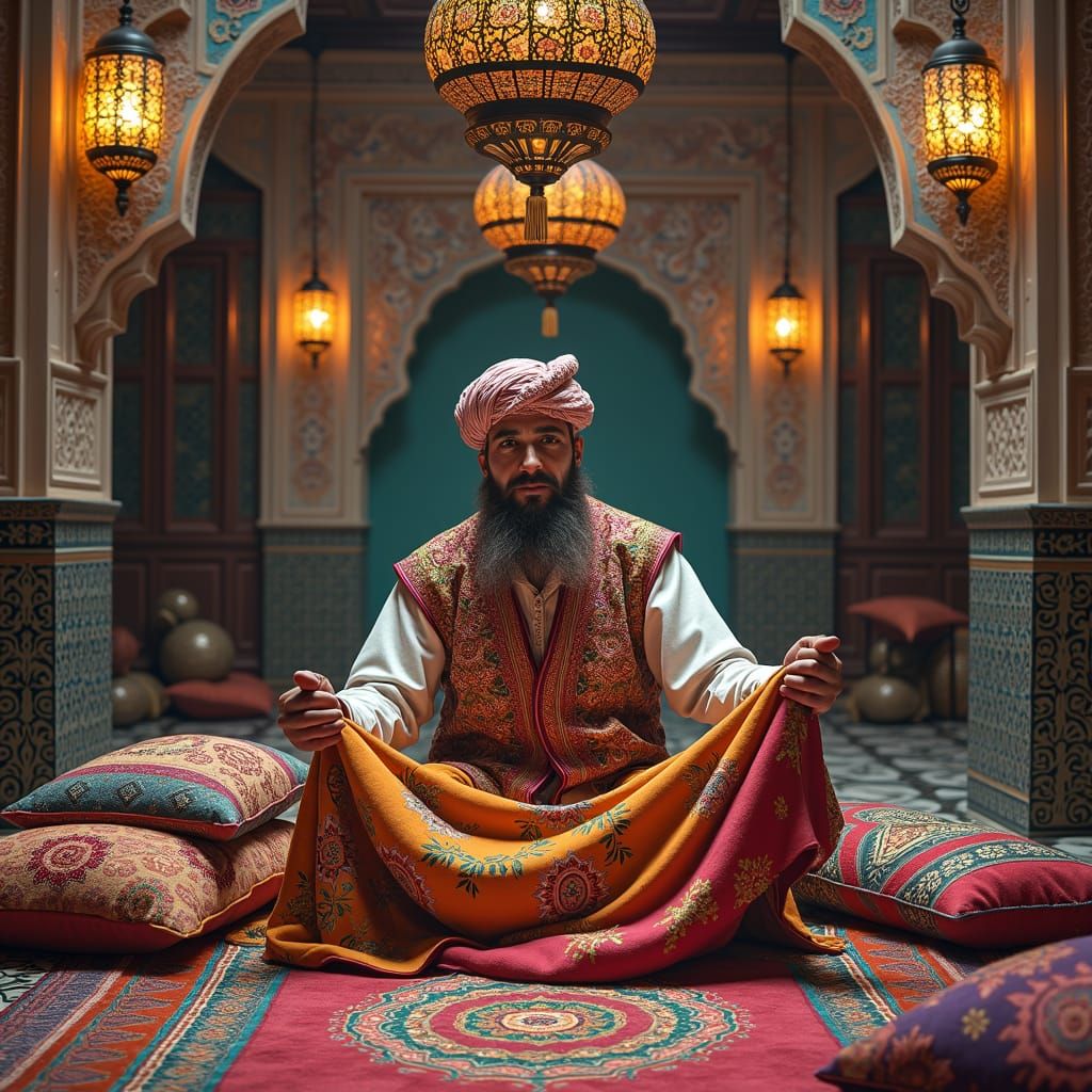 Moroccan Tapissier Weaving Mystical Tapestry in Ornate Riad