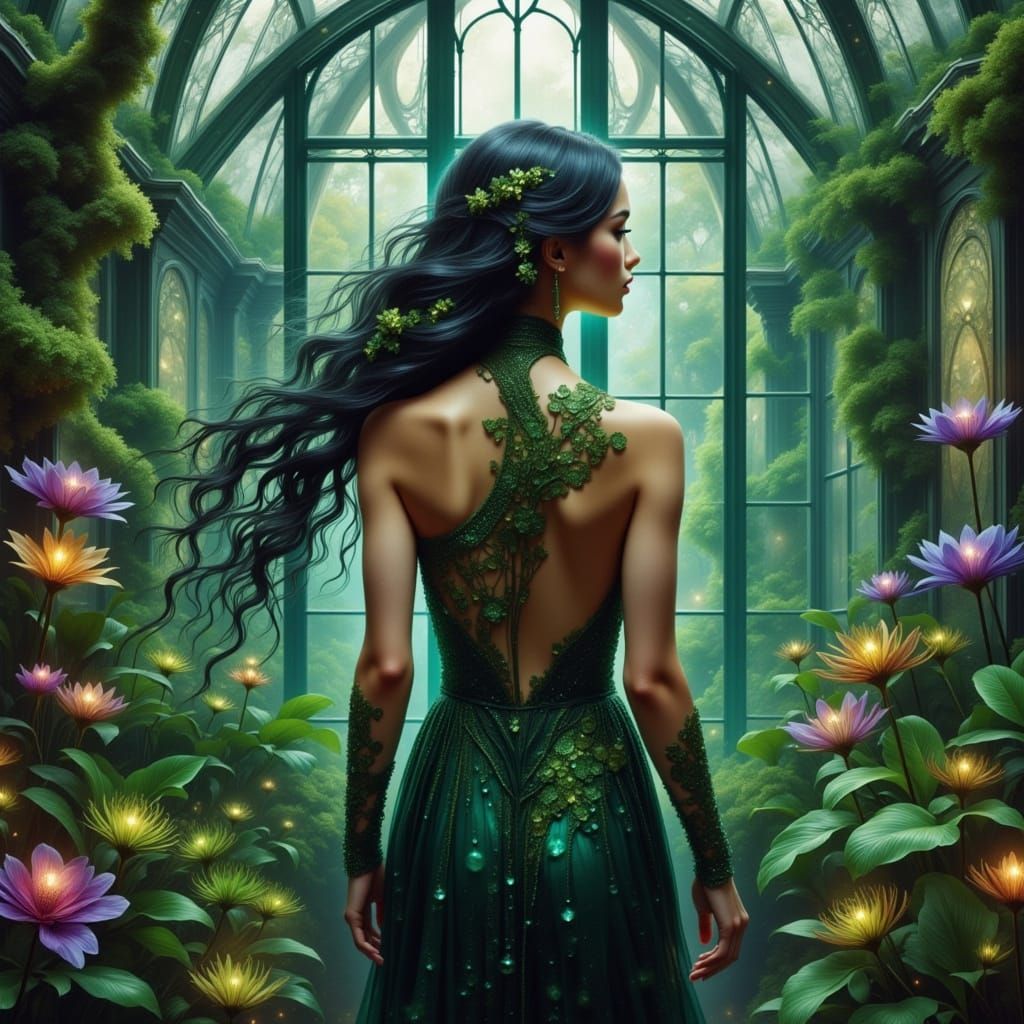 Woman in Enchanted Greenhouse with Bioluminescent Flora