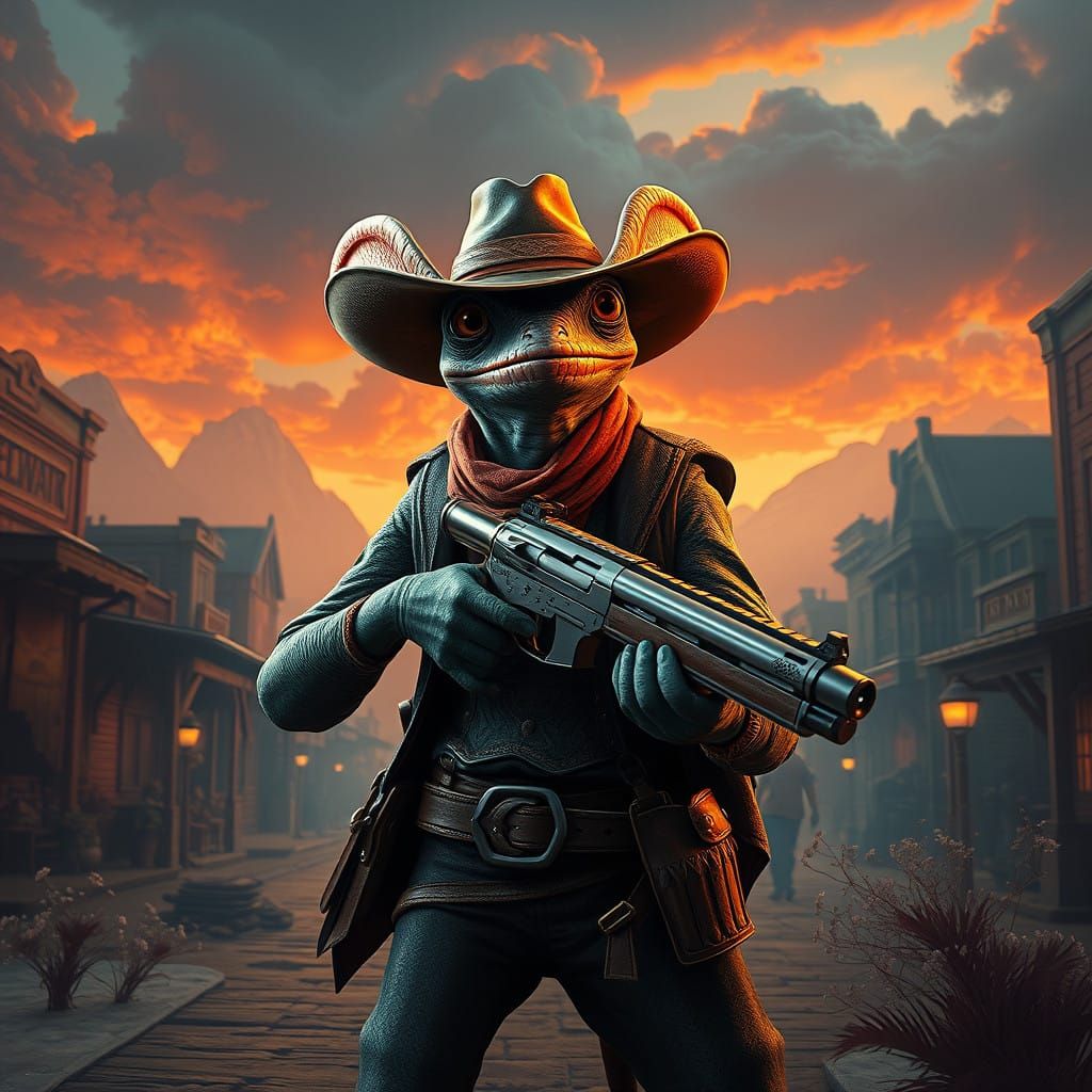 Heroic Chameleon Gunslinger in a Fantastical Old West Town