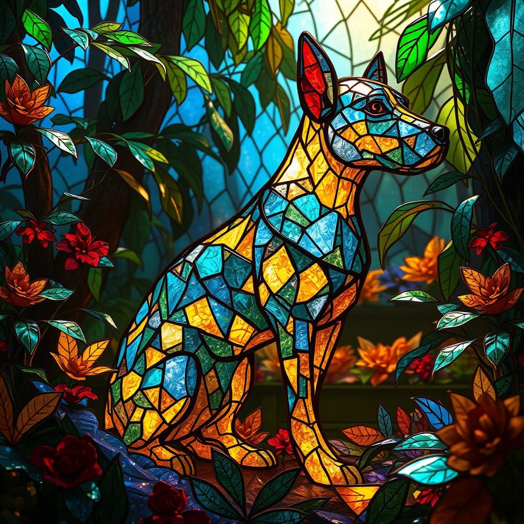Vibrant Stained Glass Dog Unfolds in an Enchanted Realmscape