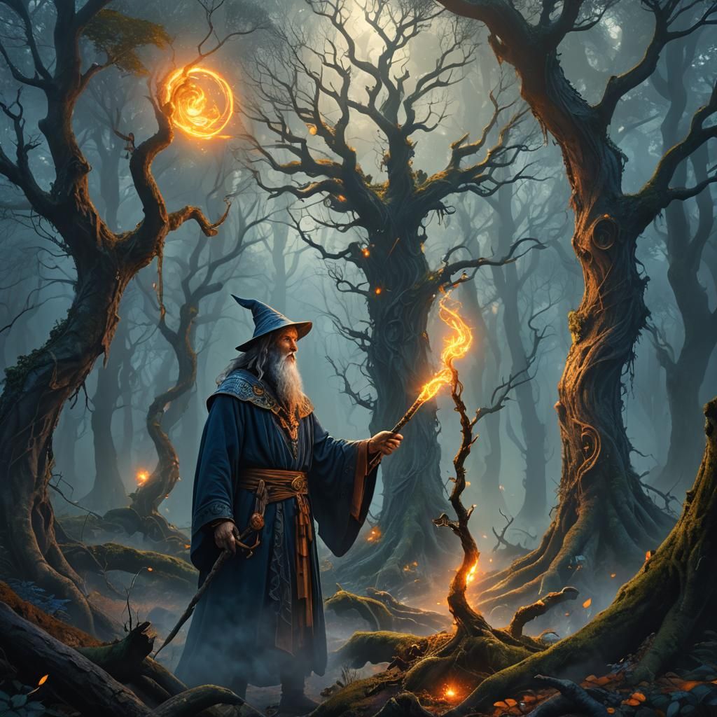 Powerful Sorcerer in Mystical Forest: Digital Art