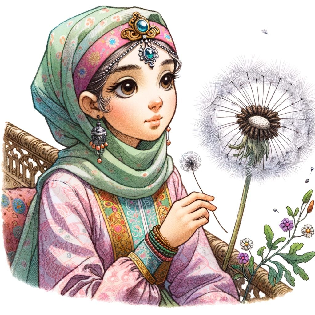 Turkish Girl in Classic Animation Style on Royal Palanquin