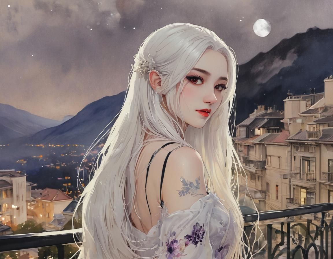 Elegant Vampire Woman on Balcony in Anime-Realism Style