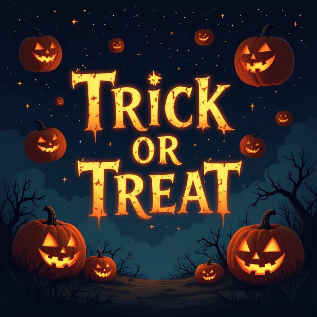 Halloween Night Sky with Glowing "Trick or Treat" and Floati...