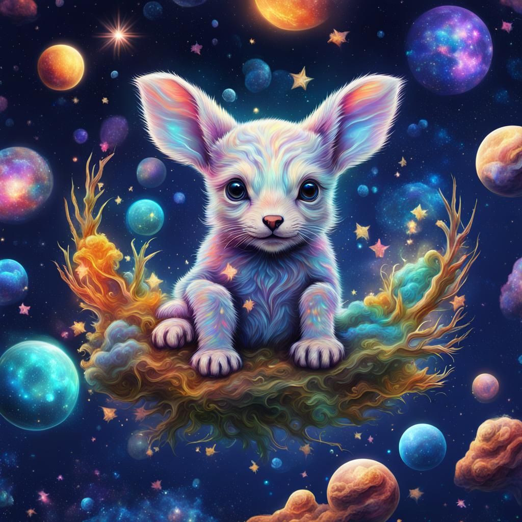 Cute Baby Animal in Holographic Cosmic Art