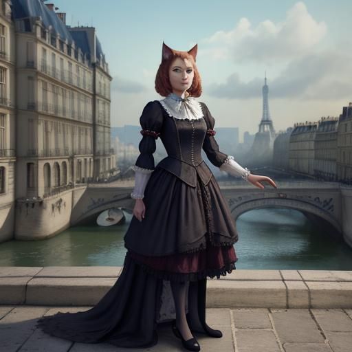 Feline in French Outfit in Paris: Detailed Matte Painting