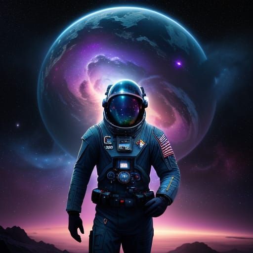 Astronaut Adrift in Cosmic Nebula with Starlight and Planet ...