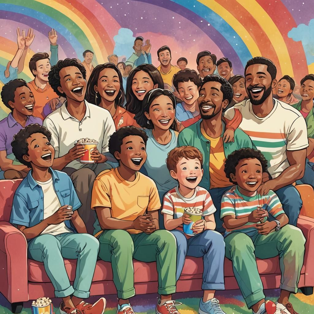 Diverse Families United by Laughter: Humorous Illustration