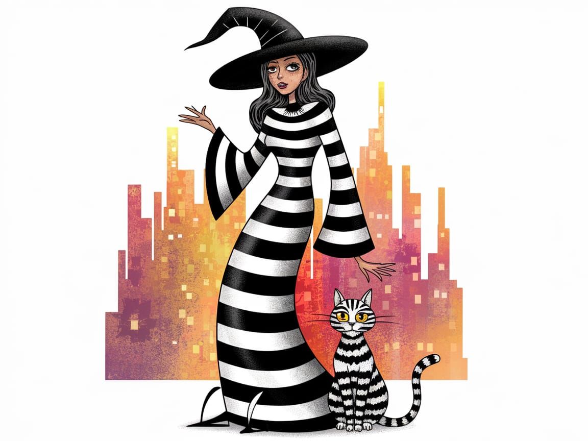 Whimsical Witch in Striped Attire with Feline Companion