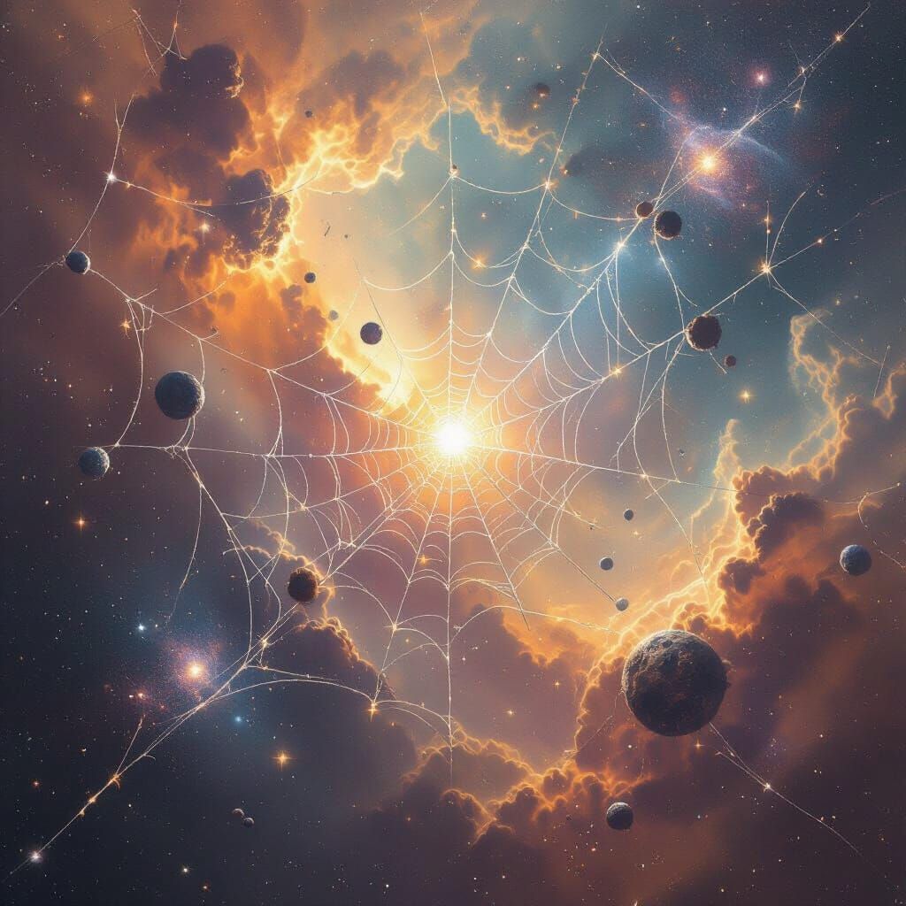 Cosmic Spider Web Between Galaxies in Matte Painting Style
