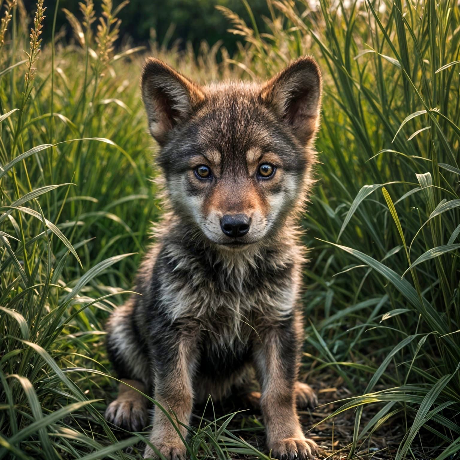 Wolf Pup Crouching in Grass: Realistic Photography