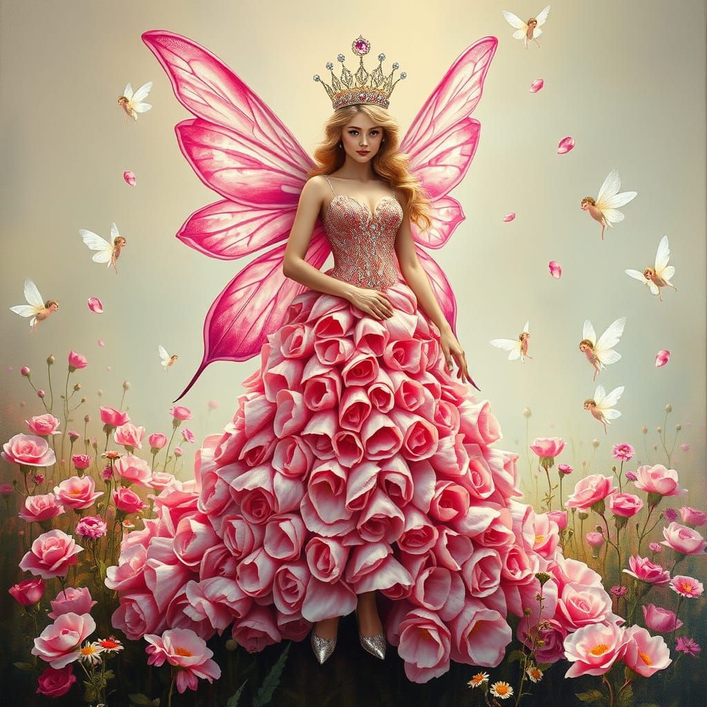 Rose Petal Fairy Queen in Surrealist Flower Meadow