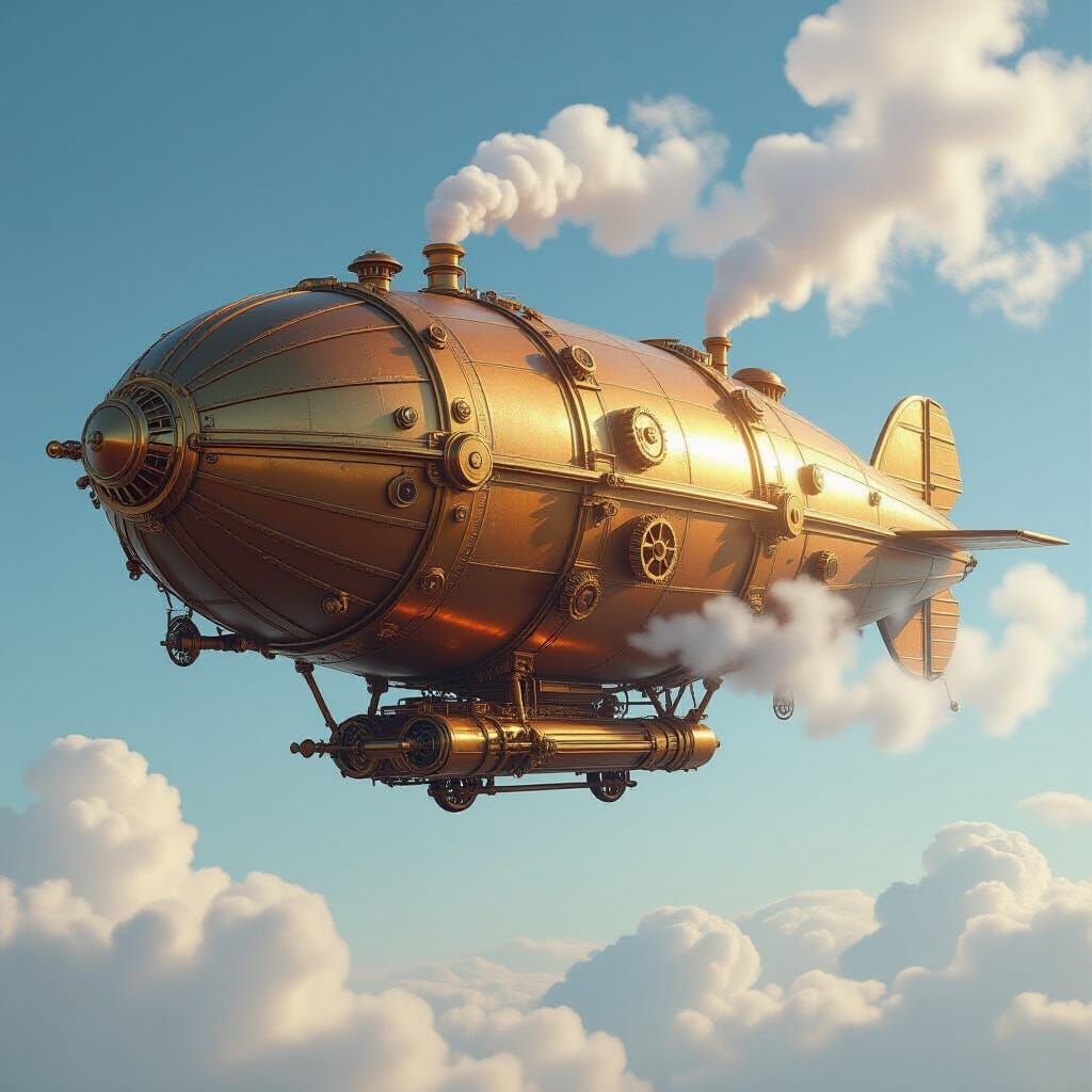 Steampunk Zeppelin Drifting Through a Clear Blue Sky