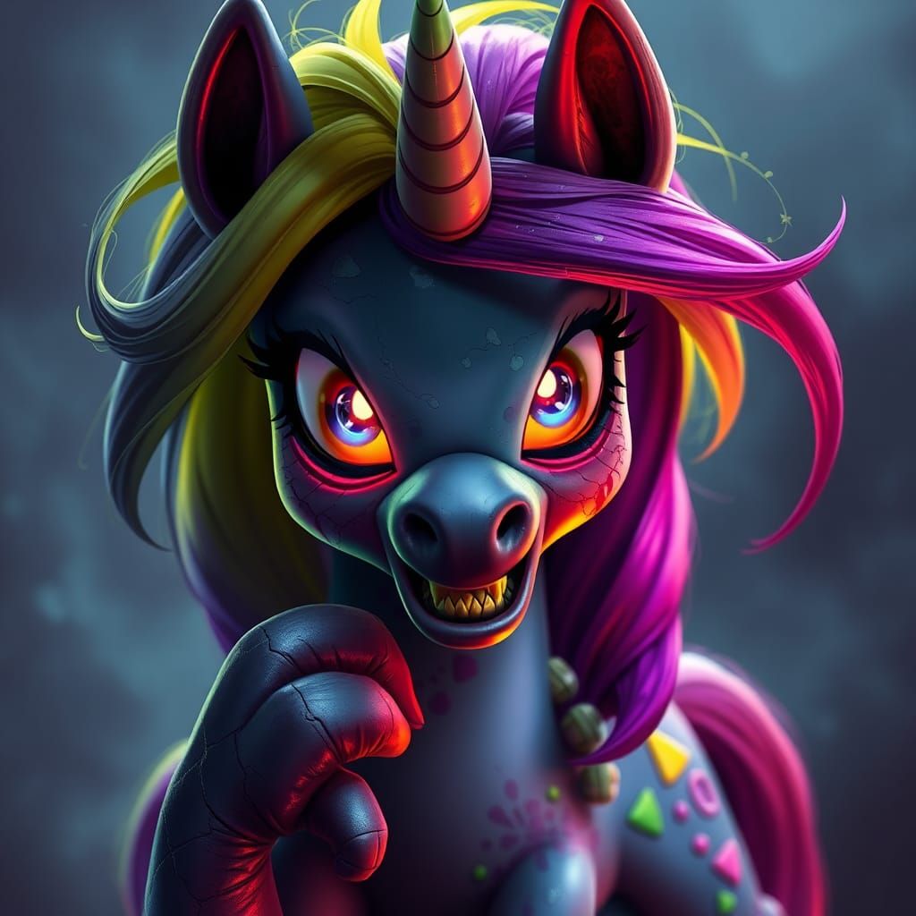 Zombie My Little Pony in Neon Horror Fantasy Style