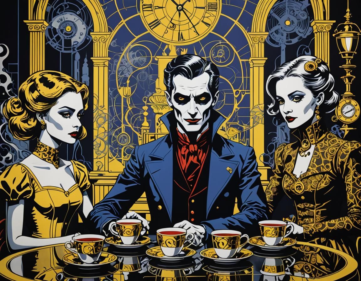 Mystical Vampire in Steampunk Tea Room as Pop Art