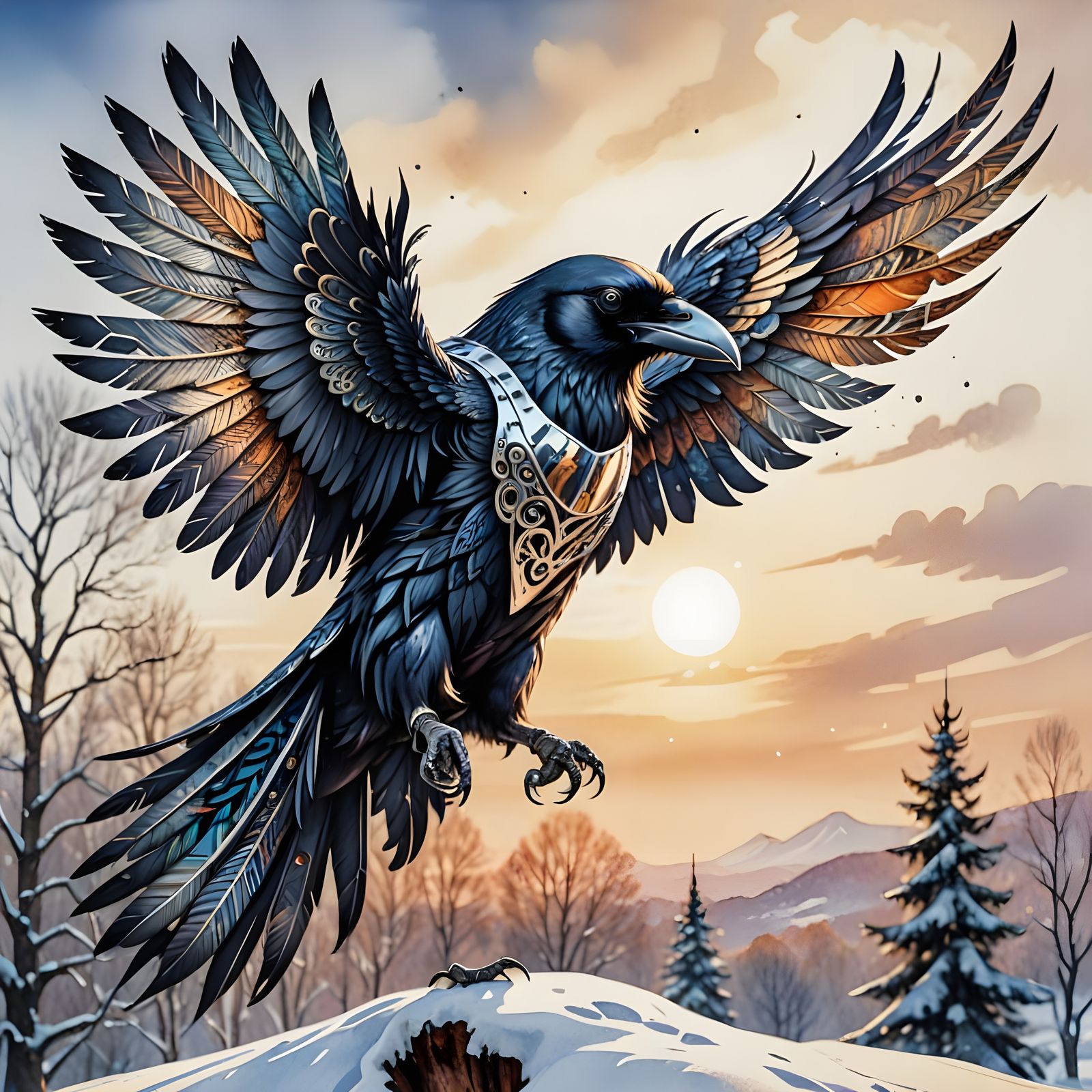 Chrome Raven Soars in Winter's Glow