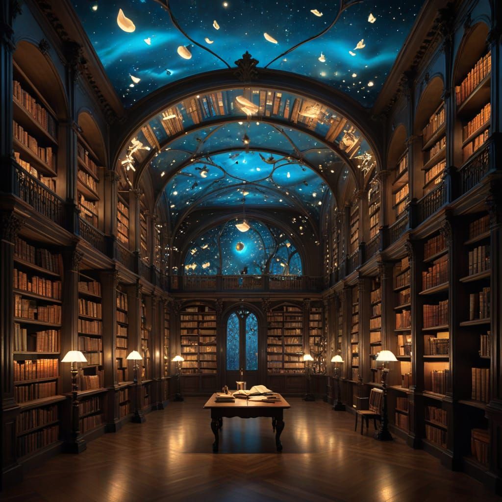 Dreamlike Floating Library in Whimsical Gothic-Art Nouveau S...