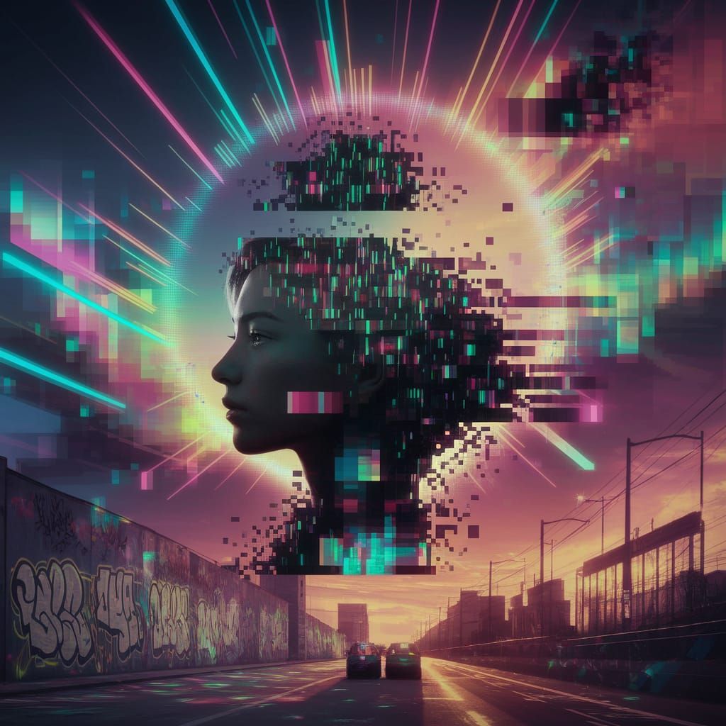 Glitch Art Silhouette Disintegrates in Urban Spectacle