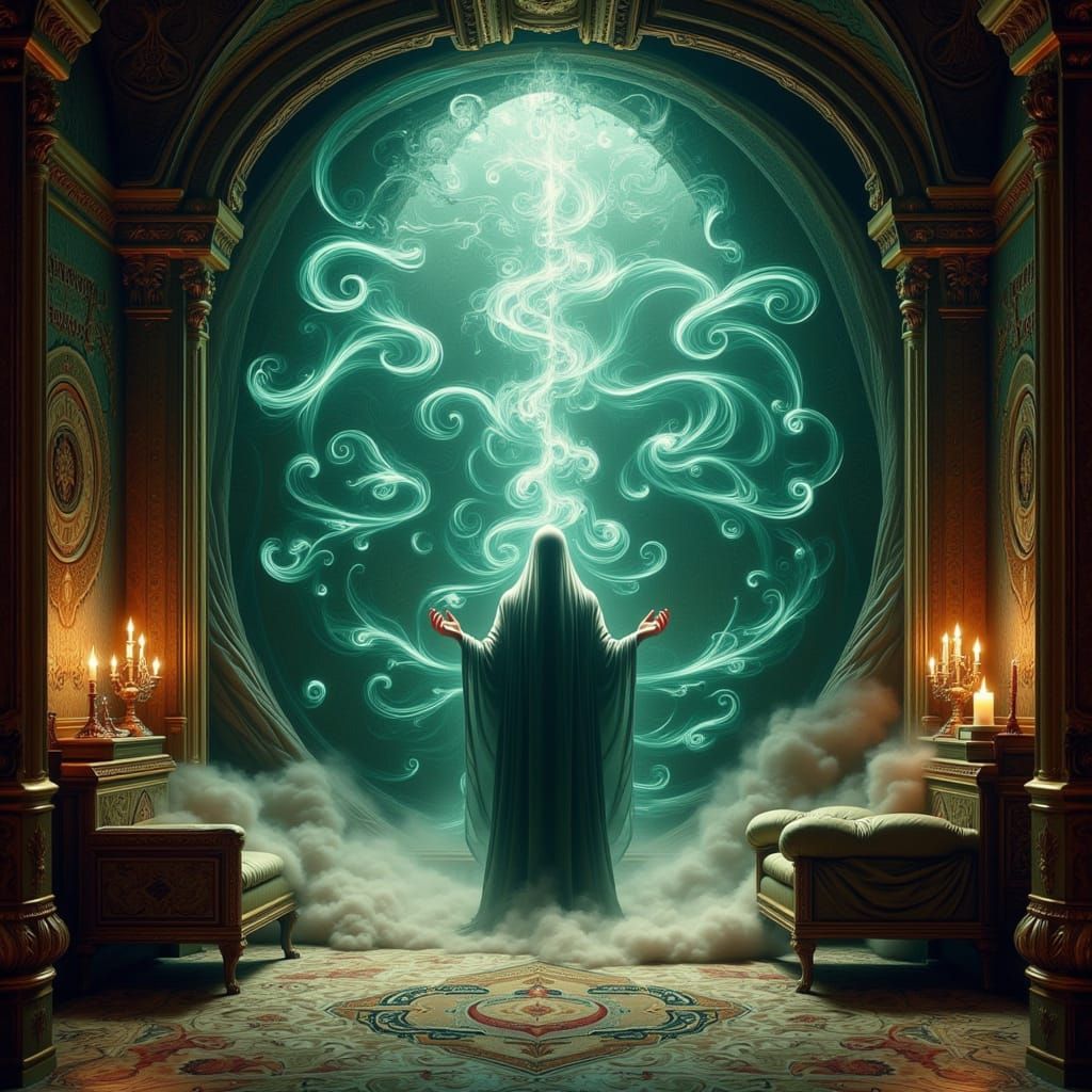 Sorcerer Distorts Reality in Ornate Chamber