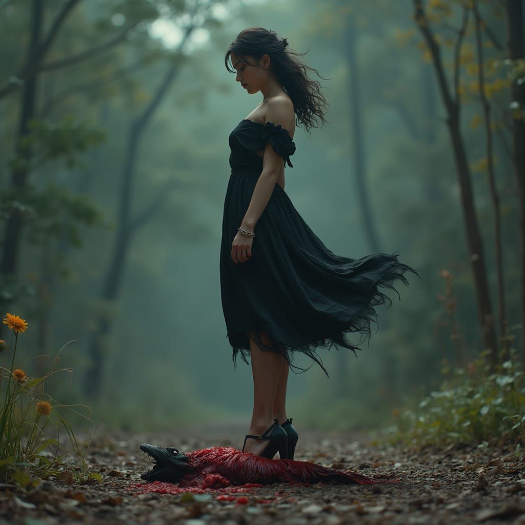 Woman in Black Crushing Creature: Matte Painting