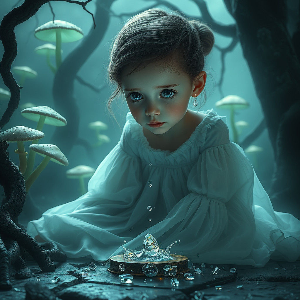 Girl Crying Glass Tears in Surreal Dreamscape