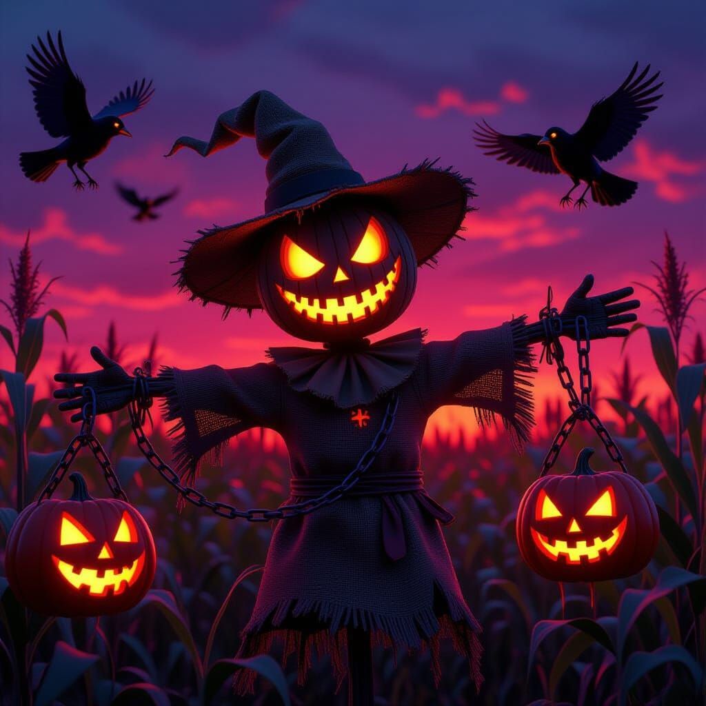 Animated Scarecrow in Haunted Cornfield Under Red Twilight S...