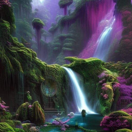 Dramatic Waterfall in Mountains: Digital Matte Painting