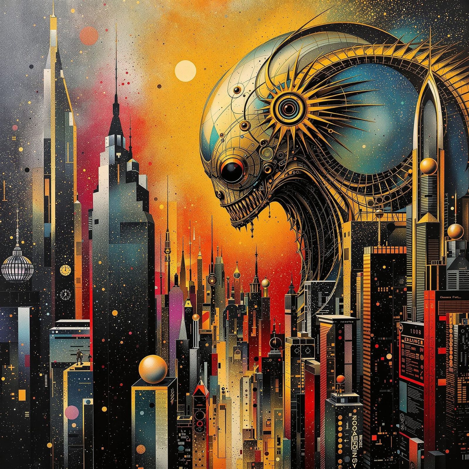 Retrofuturistic Metallic Creature in Metropolis