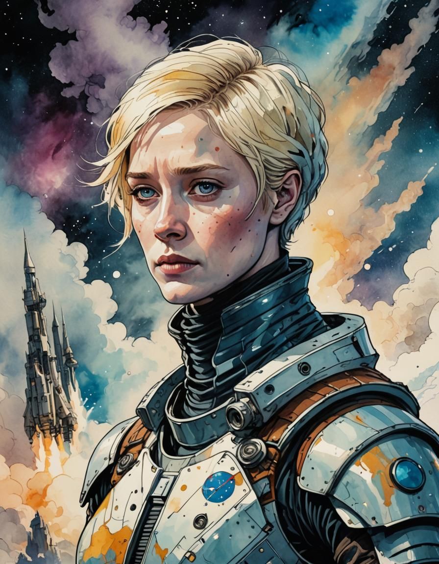Brienne of Tarth in Space Station, Ink and Watercolor