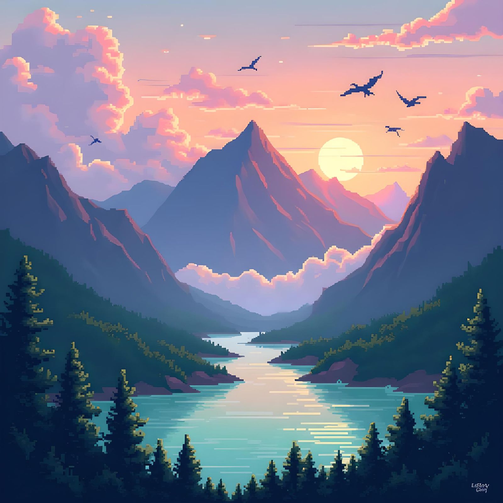 Pixel Art Mountains at Sunset with Lake