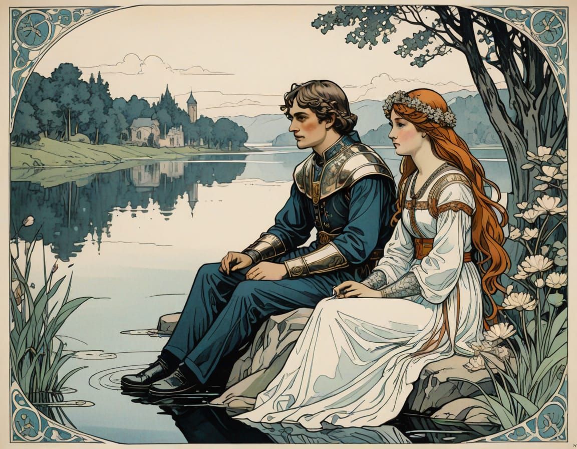 Ethereal Lady of the Lake Encounters Sir Lancelot in Art Nou...