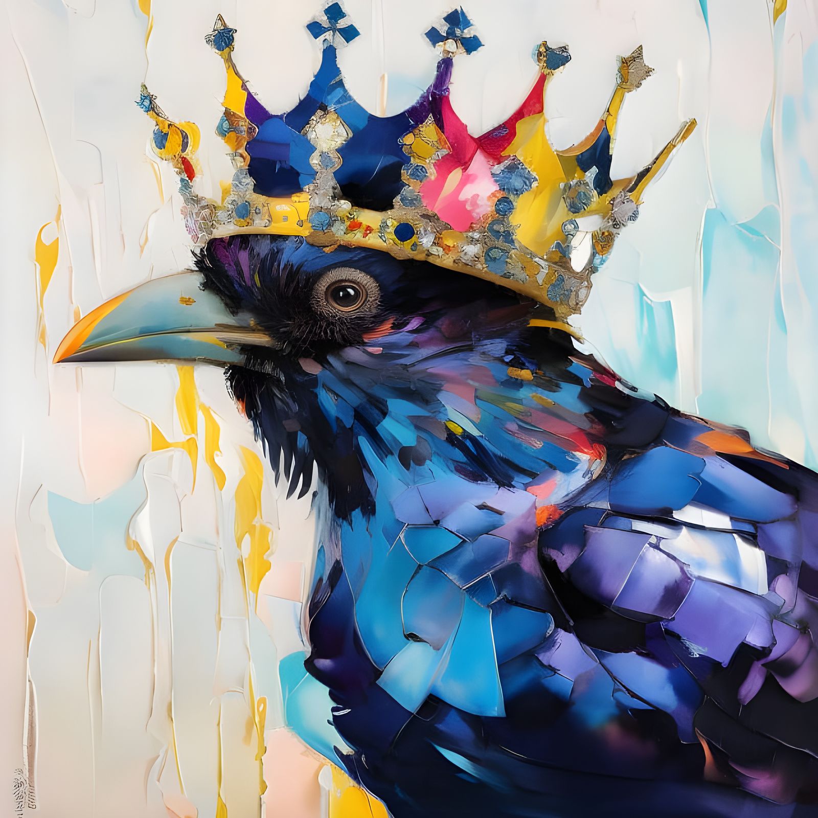 Colorful Raven Portrait with Crown in Splash Art