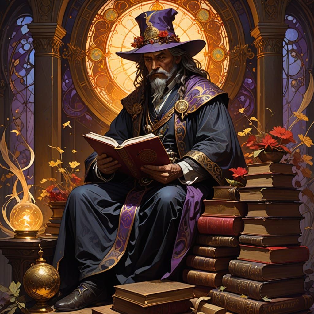 Ancient Magician with Arcane Book in Dark Fantasy Art
