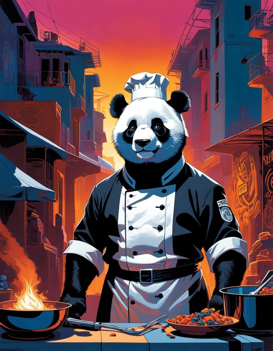cinematic cartoon panda chef street cooking portrait with ghetto street background