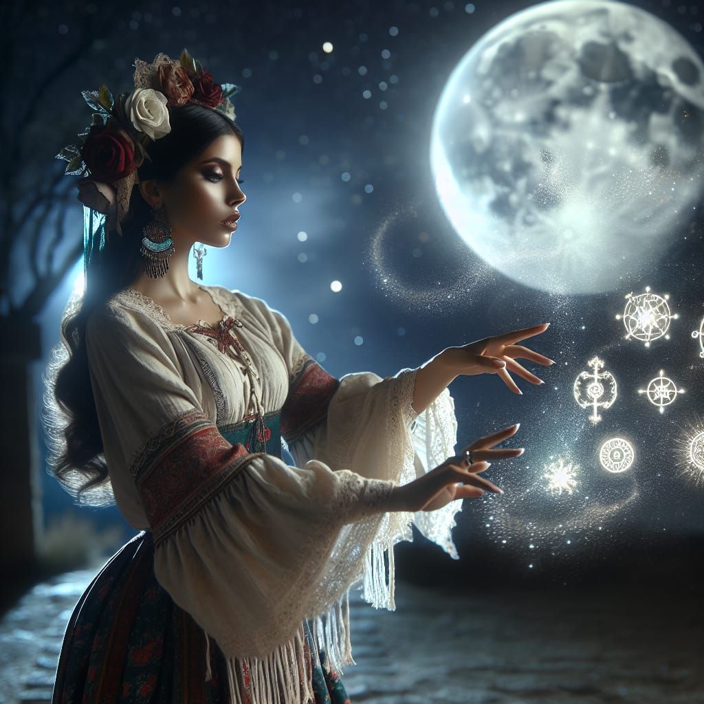 Hispanic Witch Casting Spells Under Full Moon