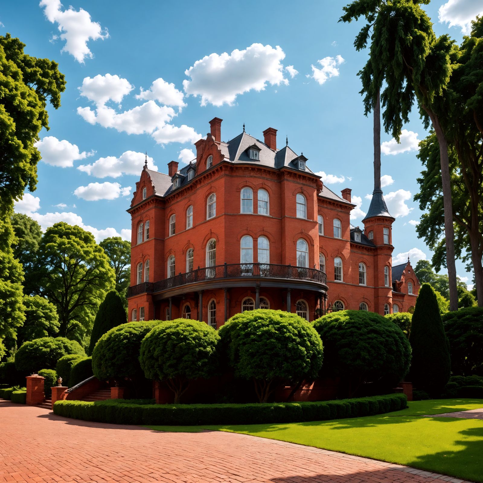 Hyperrealistic Red Brick Mansion in Cinematic Style