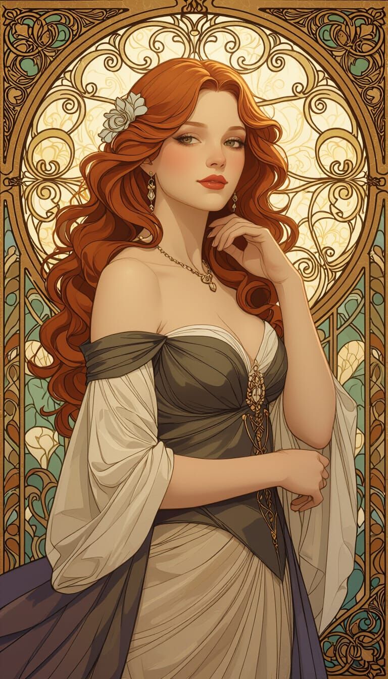 Elegant Auburn Woman in Ballroom, Art Nouveau Style